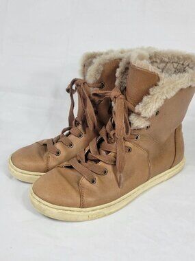 Ugg Australia Croft Luxe Boots Women Size 7 Faux Fur Lace Up Brown Leather